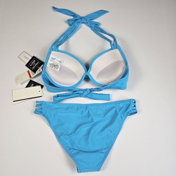 Salt + Cove Women Juniors Blue Strappy Push Up Padded 2 Piece Bikini Set Size XS - Picture 7 of 14
